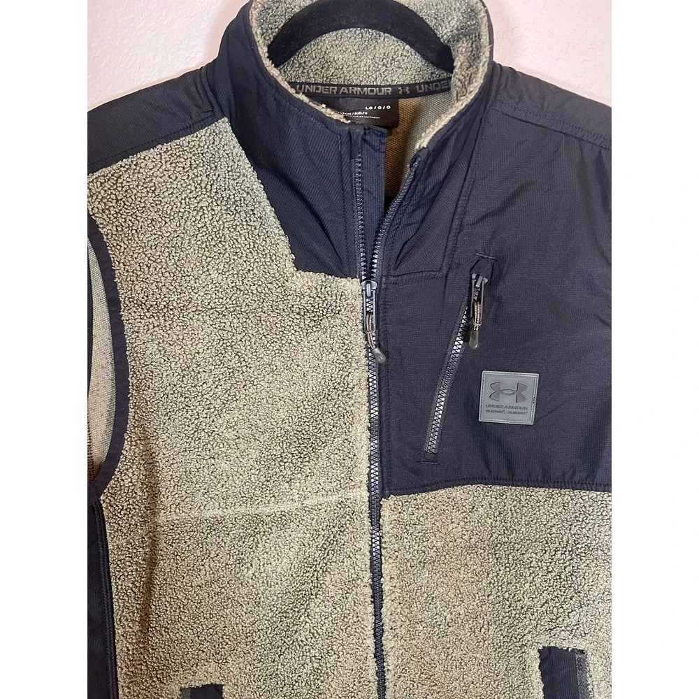 Under Armour Sherpa Fleece Vest Mens Large Green Black‎ Full Zip Ripstop Overlay